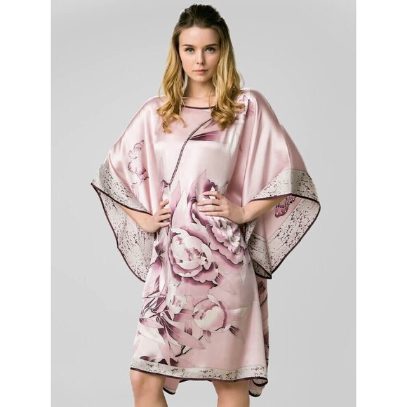NWT Freedom Silk Peony Printed Rosy Pink Silk Kaftan With Trimming L Boat Neck - Picture 2 of 12